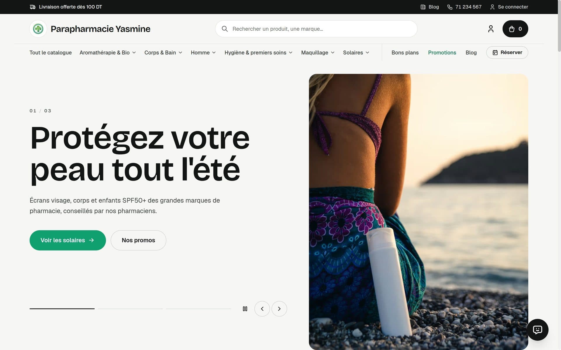 Accueil d'une parapharmacie sur Paras.tn, thème Maison